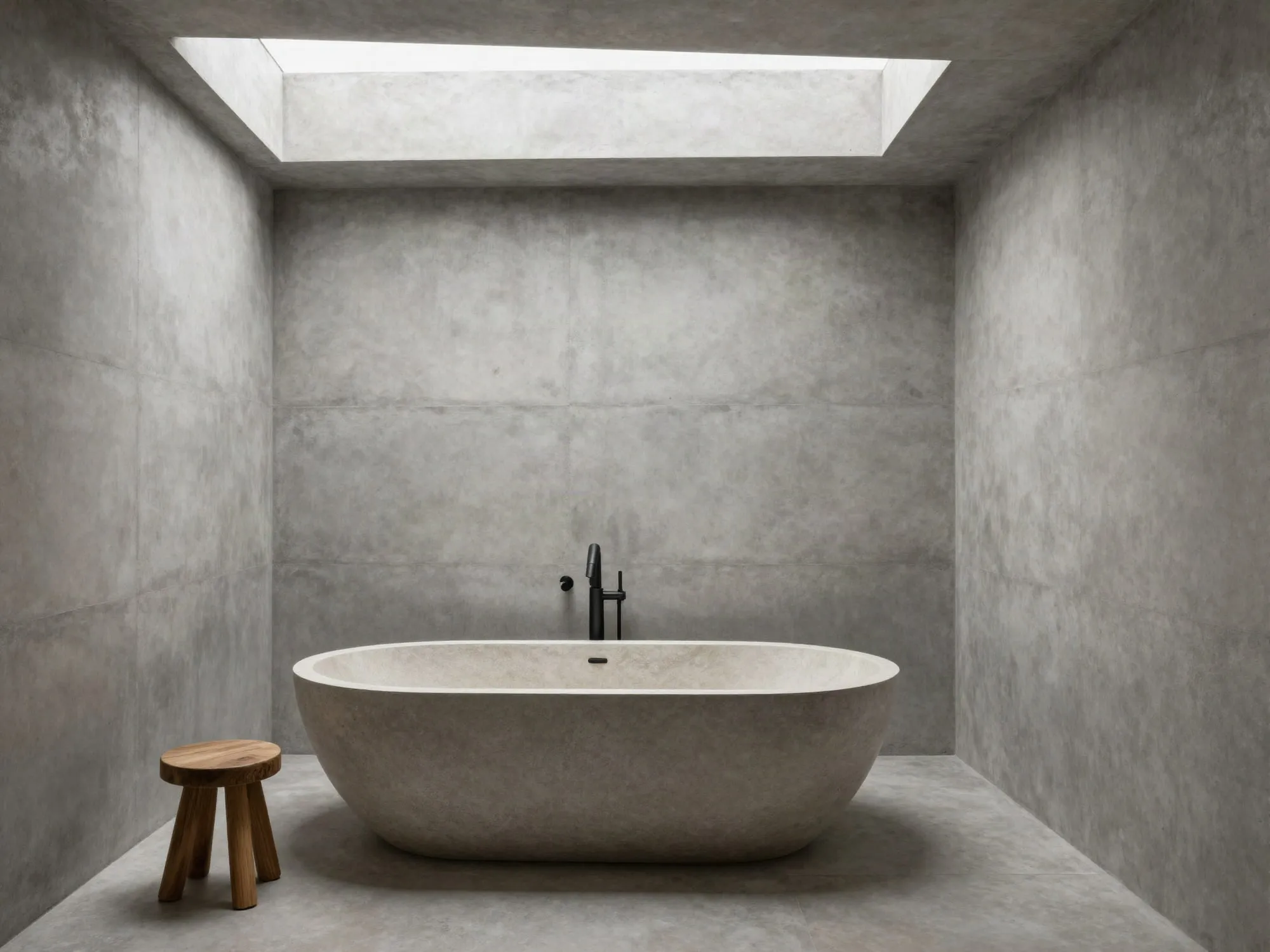 Tepe ışığı alan beton banyo, ortada taş küvet ve ahşap tabure