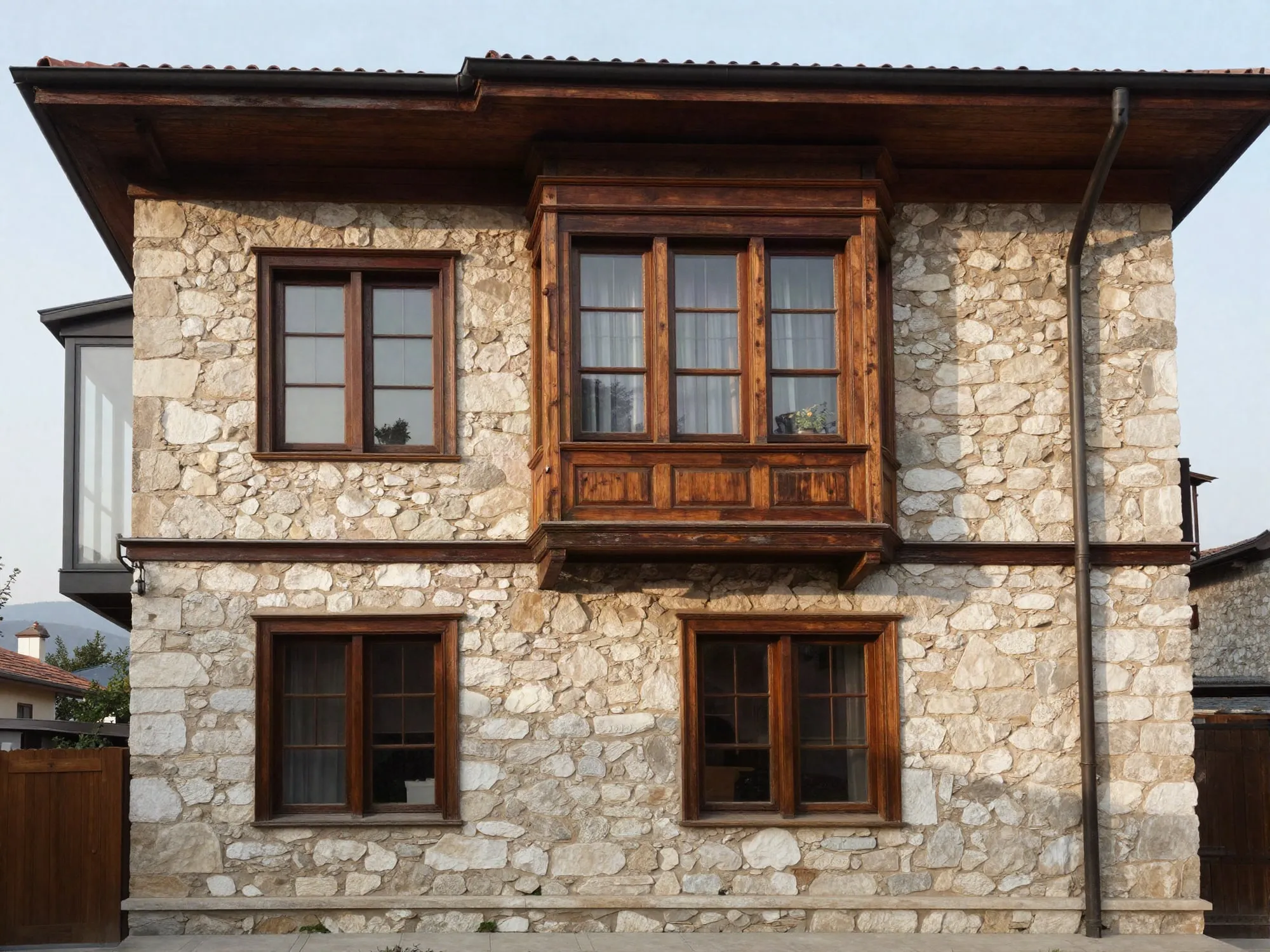 Restore edilmiş taş konak: moloz taş duvarlar, ahşap çerçeveli pencereler ve cumba